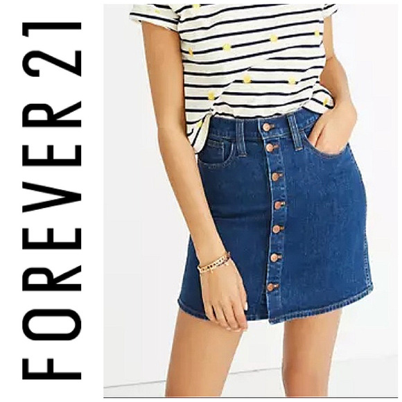 Vintage Y2K Forever 21 F21 Button Front Stretch Denim Skirt Sz 31 Dark Wash - Picture 1 of 6